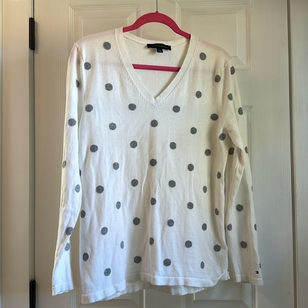 Tommy Hilfiger Gray Polka Dot V neck Sweater Size Large